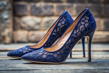 Sleek navy blue heels, pointed toes, urban backdrop.  Stylish footwear photographed in a city setting.