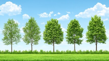 Five Lush Green Trees in a Row Against a Blue Sky