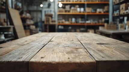 Close-up of empty wooden table in blurred warehouse industrial workspace natural light professional atmosphere