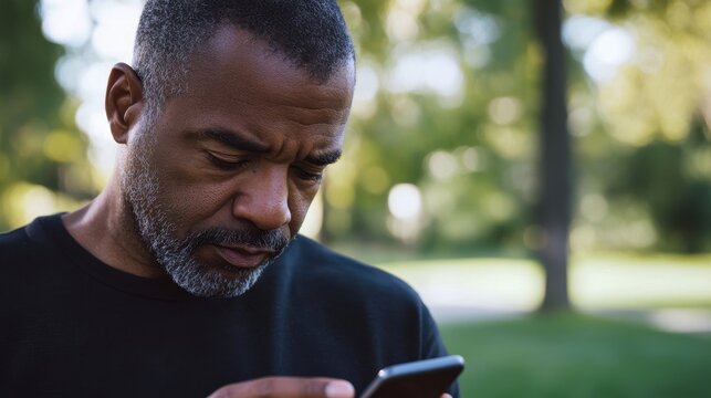 Focused Man Using Smartphone in Park - Powered by Adobe