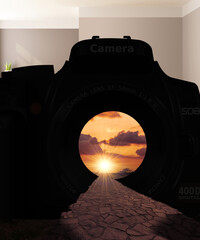 Gateway to Creativity An Artistic Camera Lens Perspective with a Beautiful Sunset View