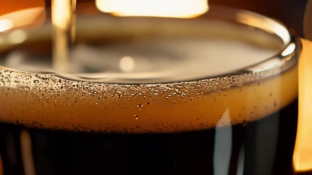 Slow zoom out close-up video of dark stout beer being poured into a glass, ambient light, blurred pub in background, rich foam