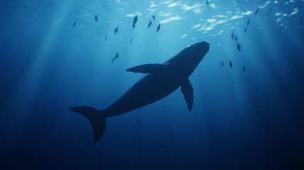 Fototapeta premium A big whale swimming in the deep blue ocean surrounded by small fish