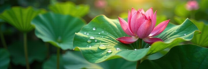 Fototapeta premium Multiple water droplets on lotus leaf, sunlight reflection, natural light, ray