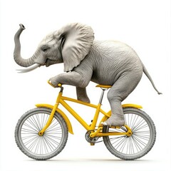 Naklejka premium A realistic shot of an elephant riding a yellow bicycle, side view with a white background