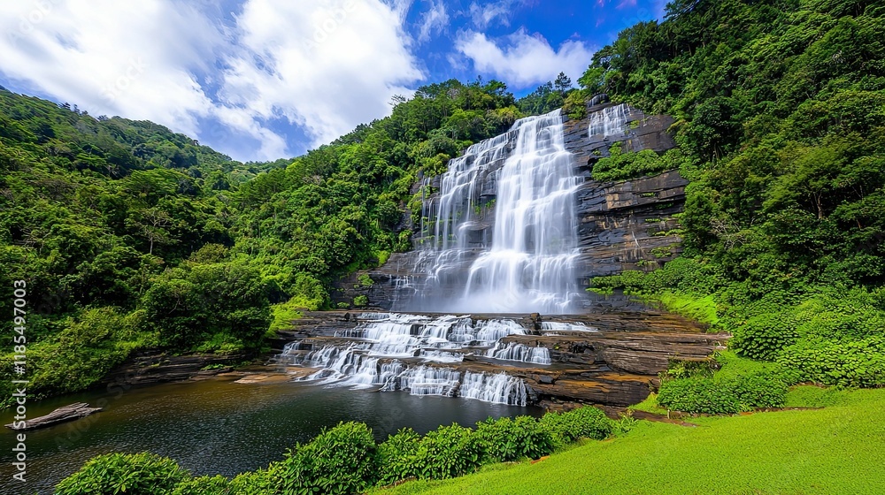 Wall mural a stunning waterfall cascades down rocky ledges, surrounded by lush green foliage and a bright blue 