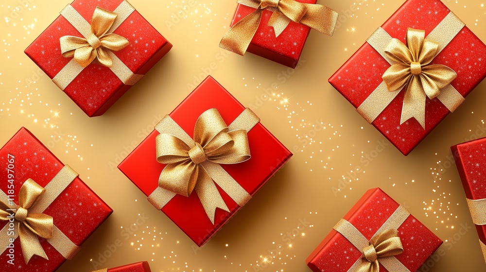 Poster a collection of red gift boxes with golden bows on a golden gradient background, featuring light spa