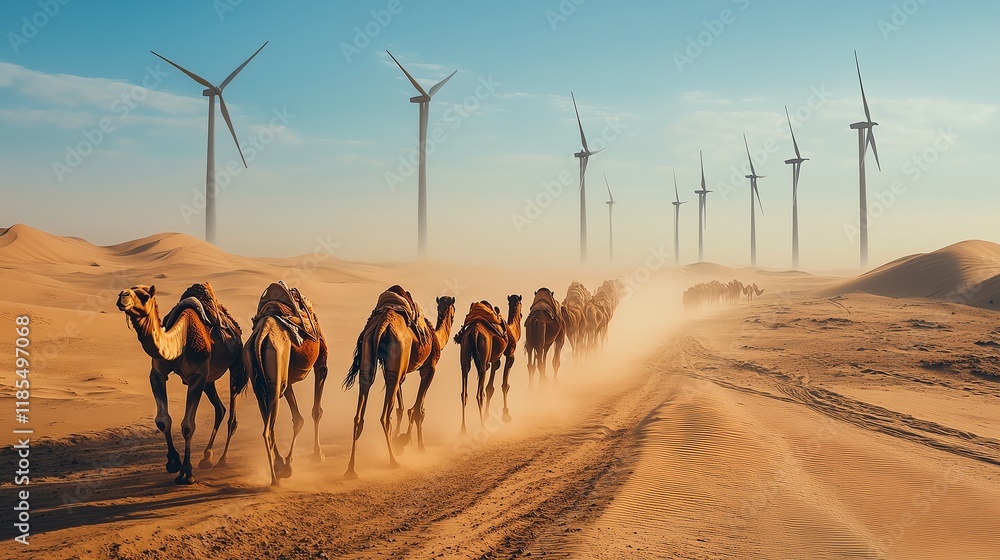 Aufkleber a cluster of wind turbines in the desert, with camels passing by, merging the ancient tradition of c