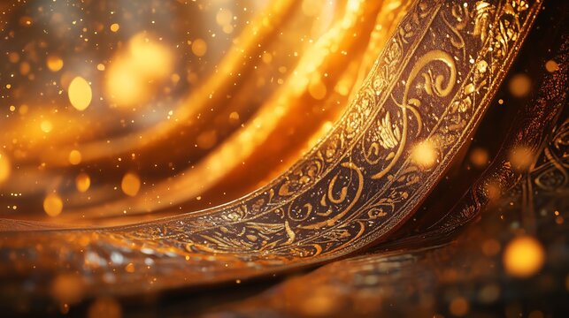 A festive Thai-inspired scene with a traditional kanok motif on a golden silk fabric, glitter shimmering under soft warm lighting, gently falling confetti.