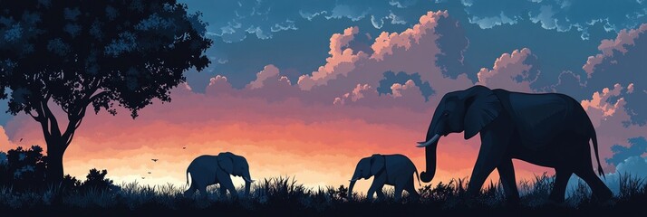 A silhouette of an elephant family walking against the background of a sunset sky with clouds