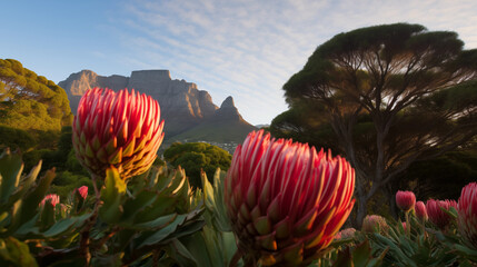 Kirstenbosch Gardens with Table Mountain and Protea Flowers