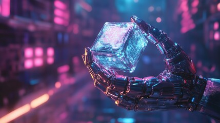 Futuristic Metallic Robotic Hand Holding a Glowing Cube, Featuring Neon Blue and Purple Highlights and Intricate Digital Textures in a Modern Design