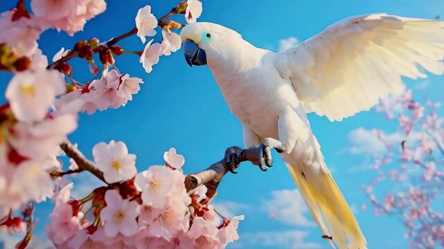 Beautiful white parrot flew to a branch of blossoming sakura