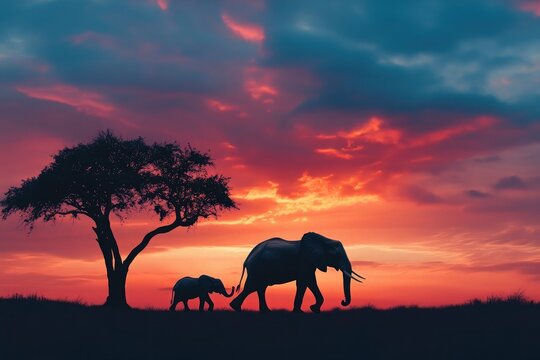 A silhouette of an elephant family walking together against the backdrop of a sunset sky