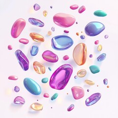 Colorful Quartz Stones Floating on a Soft White Background with Glossy Surfaces and Play of Light
