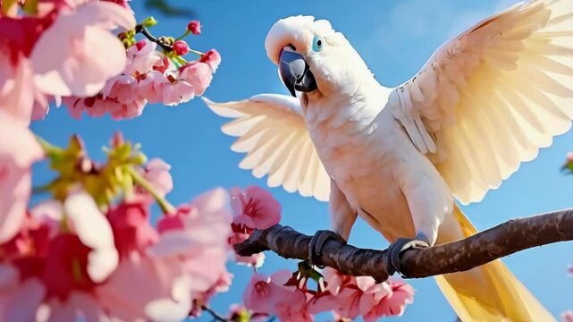 Beautiful white parrot flew to a branch of blossoming sakura