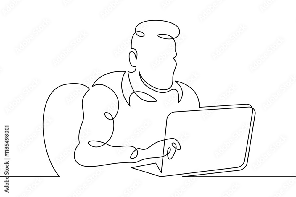 Poster portrait of a working man at a computer laptop. one continuous drawing line logo single hand drawn a