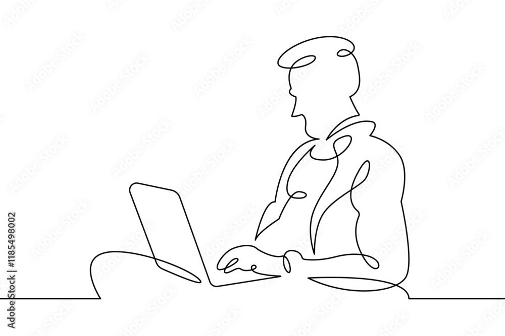Poster portrait of a working man at a computer laptop. one continuous drawing line logo single hand drawn a