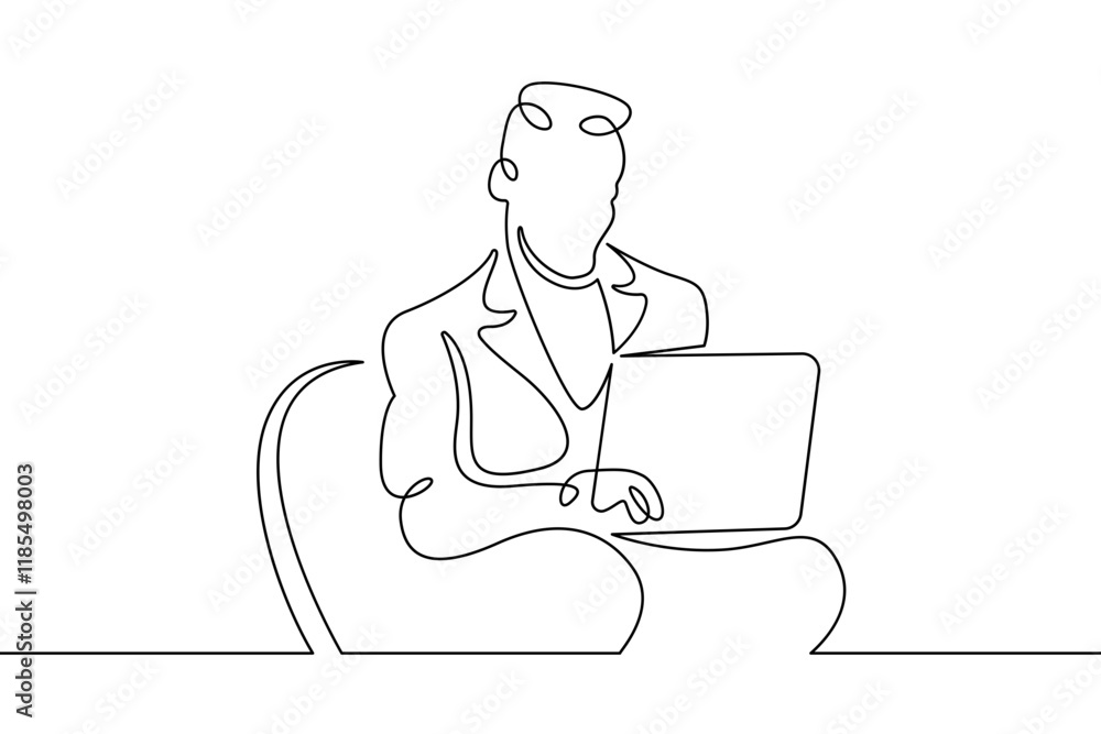 Poster portrait of a working man at a computer laptop. one continuous drawing line logo single hand drawn a