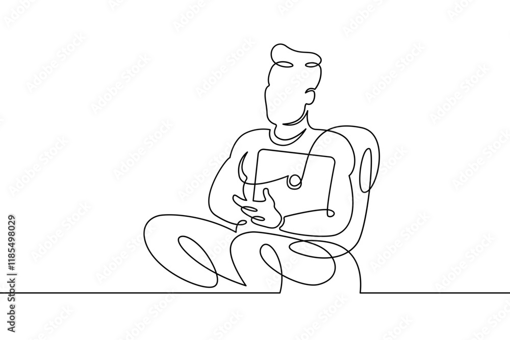 Poster portrait of a working man at a computer laptop. one continuous drawing line logo single hand drawn a