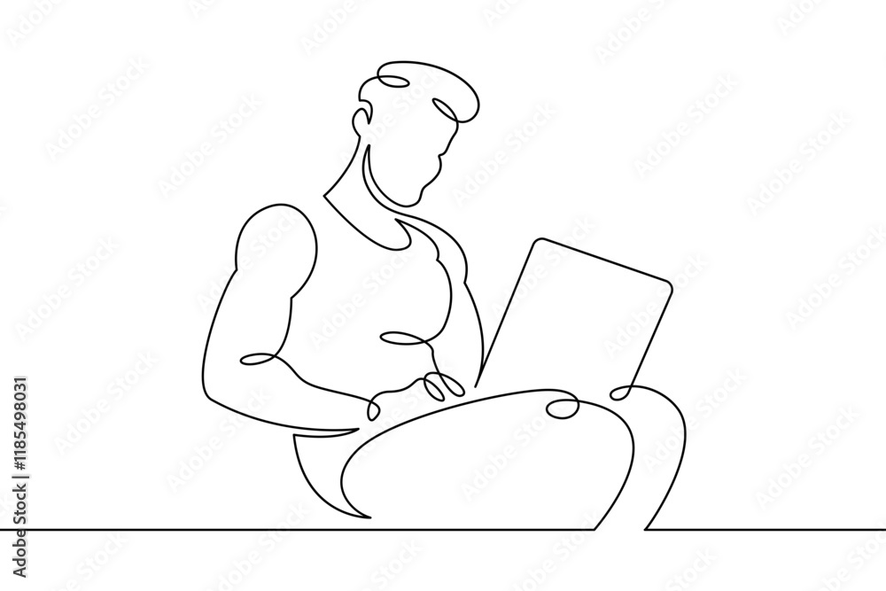 Poster portrait of a working man at a computer laptop. one continuous drawing line logo single hand drawn a