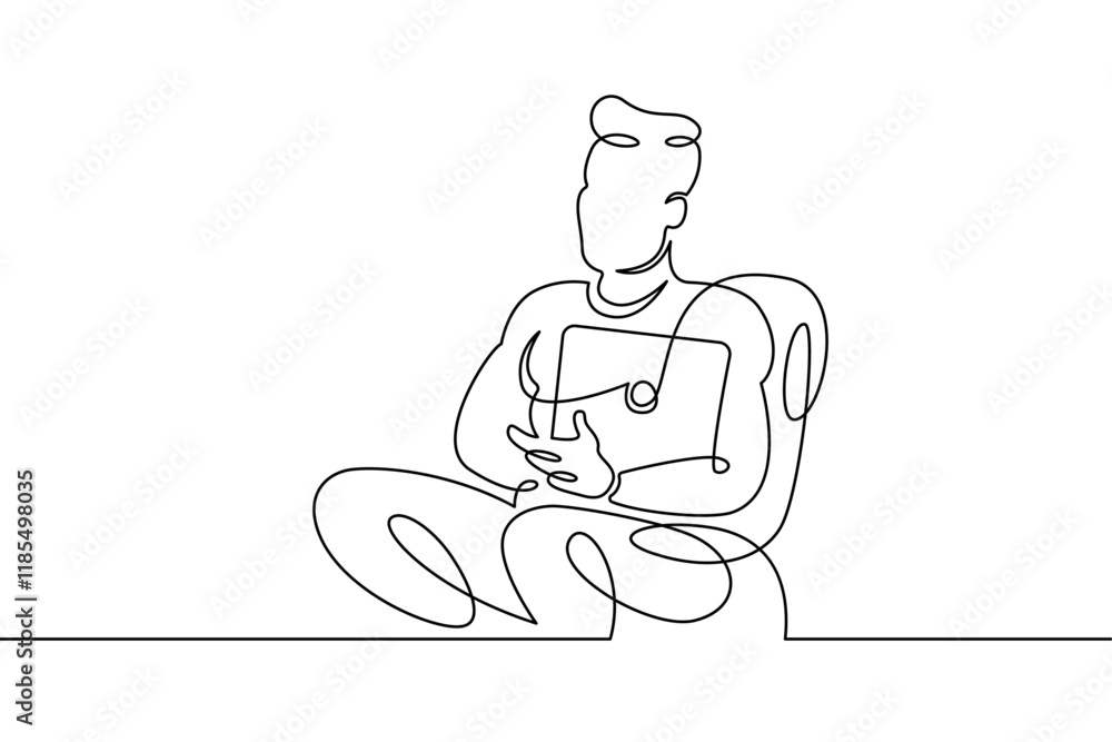 Poster portrait of a working man at a computer laptop. one continuous drawing line logo single hand drawn a