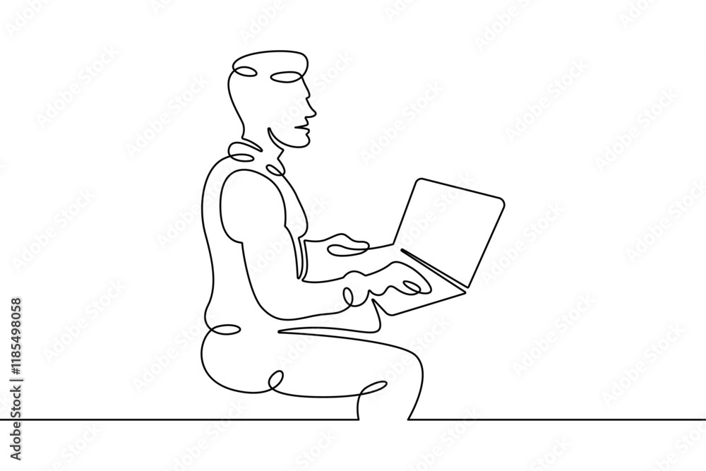 Poster portrait of a working man at a computer laptop. one continuous drawing line logo single hand drawn a