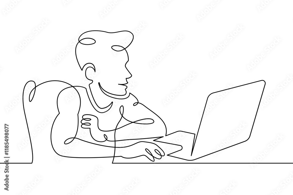 Poster portrait of a working man at a computer laptop. one continuous drawing line logo single hand drawn a