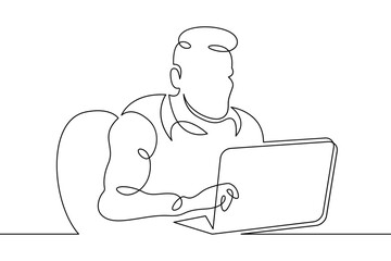 Portrait of a working man at a computer laptop. One continuous drawing line  logo single hand drawn art doodle isolated minimal illustration.Designer journalist manager.