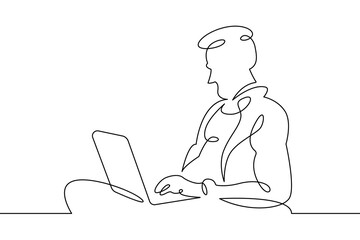 Portrait of a working man at a computer laptop. One continuous drawing line  logo single hand drawn art doodle isolated minimal illustration.Designer journalist manager.