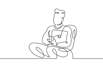 Portrait of a working man at a computer laptop. One continuous drawing line  logo single hand drawn art doodle isolated minimal illustration.Designer journalist manager.