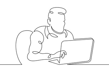 Portrait of a working man at a computer laptop. One continuous drawing line  logo single hand drawn art doodle isolated minimal illustration.Designer journalist manager.