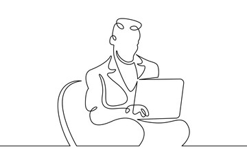 Portrait of a working man at a computer laptop. One continuous drawing line  logo single hand drawn art doodle isolated minimal illustration.Designer journalist manager.