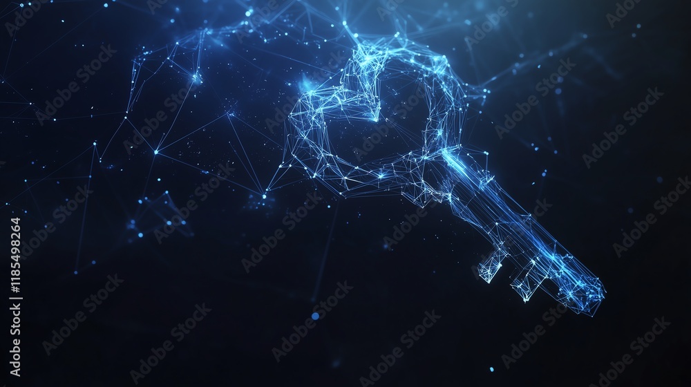 Poster abstract key icon in low poly wireframe style on dark blue background, accentuated with glowing part