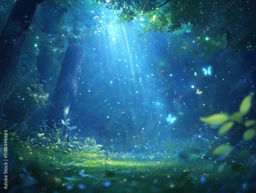 Poster serene forest scene with glowing butterflies and soft blue light. enchanting atmosphere invites tran