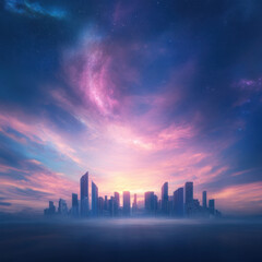 Fototapeta premium vibrant city skyline at sunset, surrounded by colorful clouds and stars