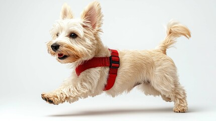 Adorable Fluffy White Puppy Running in Red Harness. Pet Photography, Dog Walking, Happy Canine, Cute Animal
