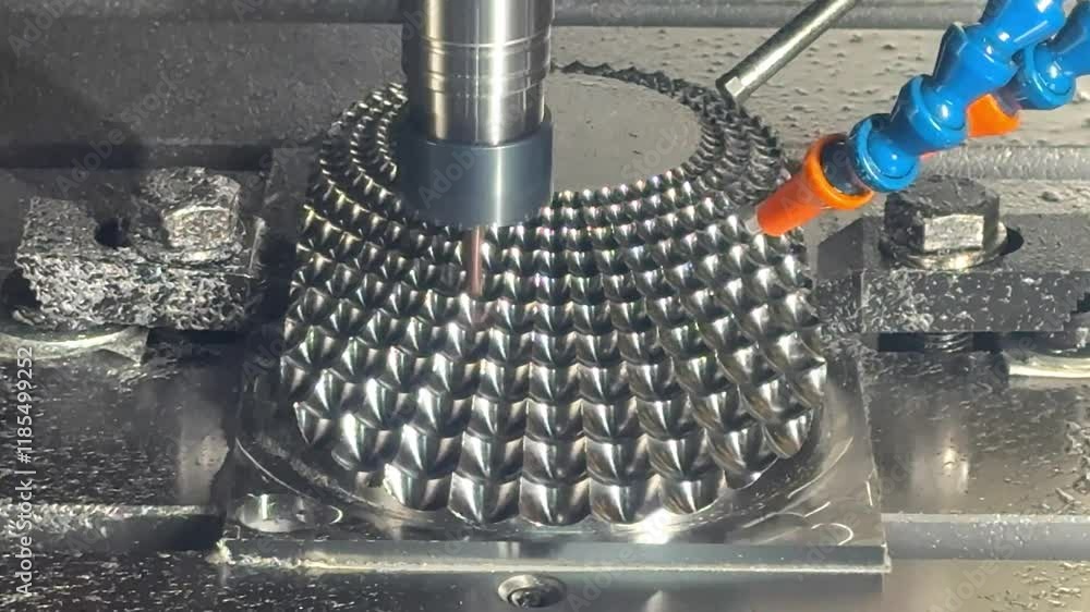 Wall mural the 5-axis cnc milling machine cutting the automotive part with solid ball end mill tool.