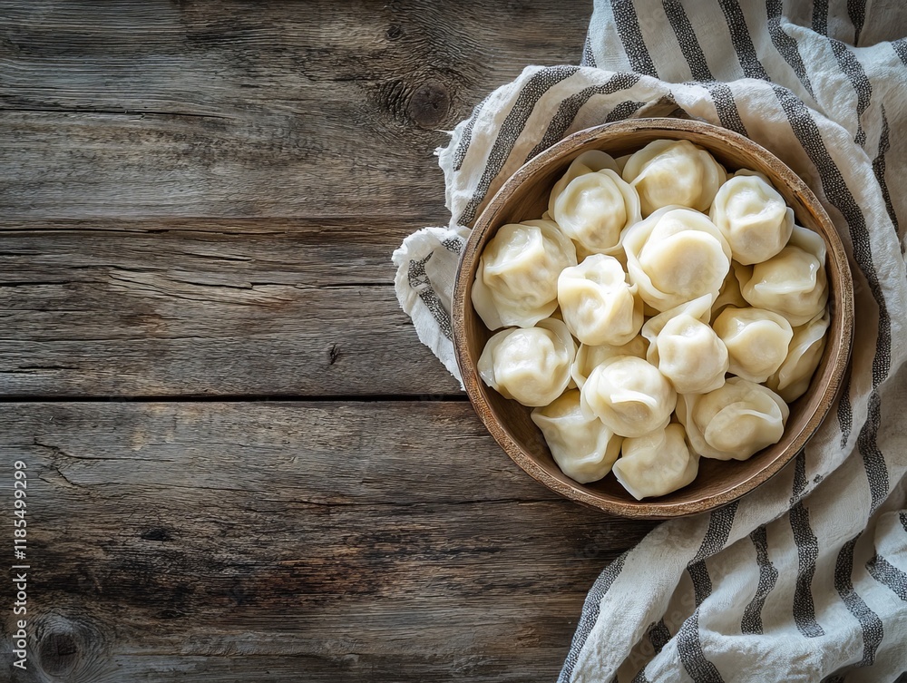 Wall mural Delicious Bowl of Steamed Dumplings on Rustic Wooden Table Evoking Warmth and Culinary Delight