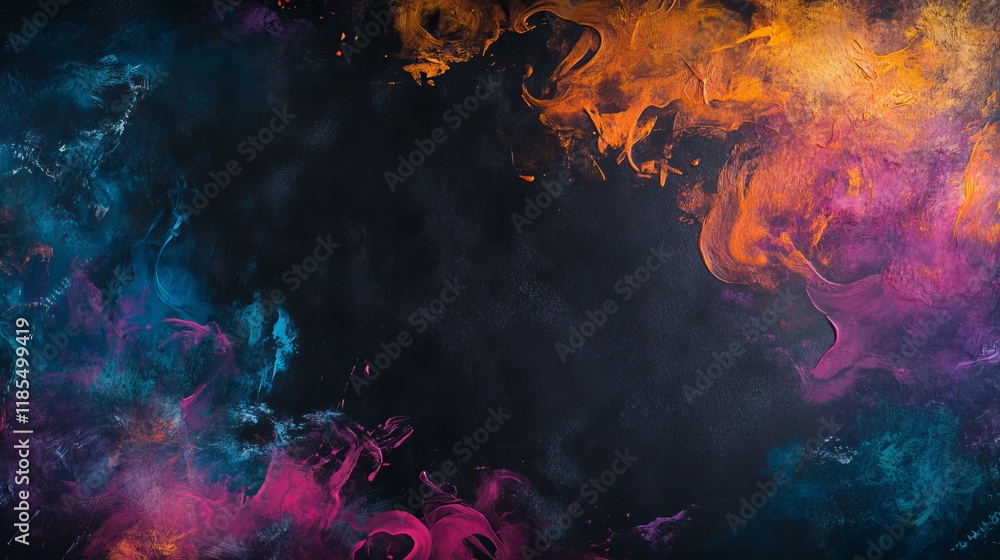 Poster vibrant abstract composition with colorful patterns on deep black background evoking modern artistic