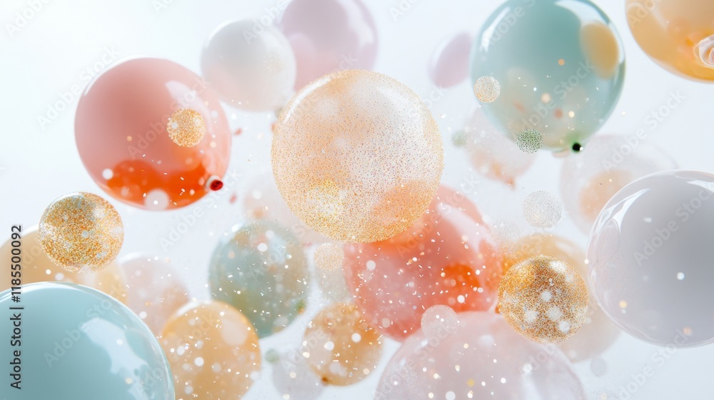 Poster colorful floating bubbles with sparkles on a soft background