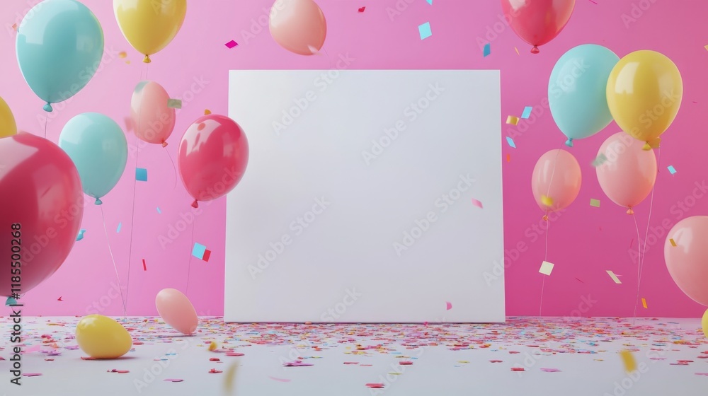 Poster festive scene with colorful balloons and blank canvas display