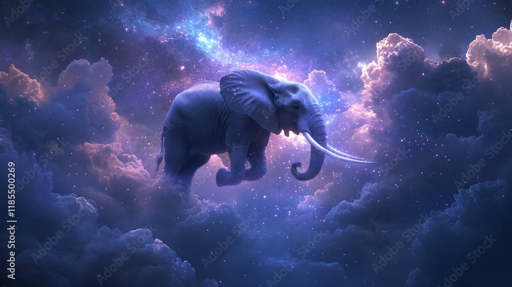 Poster a surreal depiction of an elephant floating through a cosmic landscape filled with clouds.