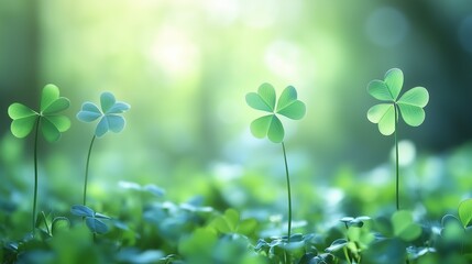 Four clovers in sunlit meadow, bokeh background