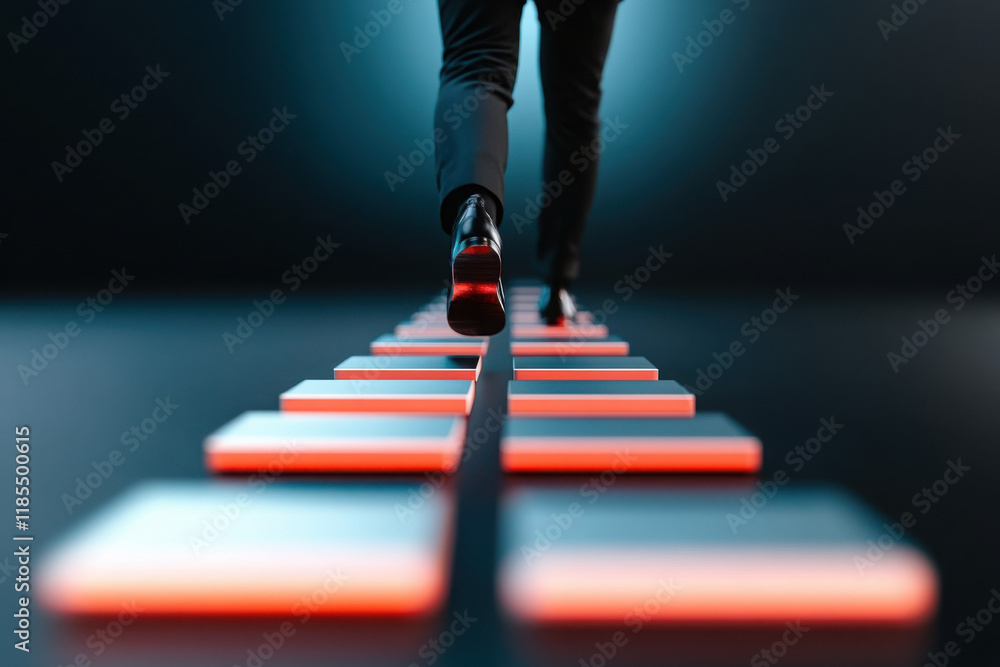 Poster a person walking on glowing path of illuminated squares.