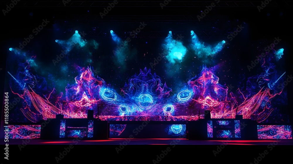 Poster vibrant stage design with dynamic light show and abstract backdrop
