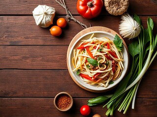 Assorted fresh herbs and spicy ingredients for Thai food recipe book on wooden background, wooden background, ingredients, cooking