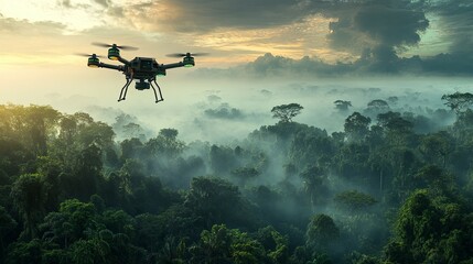 Fototapeta premium Drone Surveying Lush Rainforest at Sunrise: A Serene Aerial View