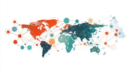 Obraz premium Global Network Connections: A stylized world map illustration showcases interconnectedness through a network of nodes and lines, symbolizing global communication, collaboration.