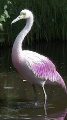 Obraz premium Juvenile American Flamingo wading in shallow, dark water